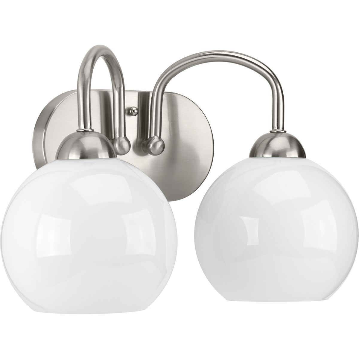 Inspired by the revival of mid-century fashions, the Carisa collection brings home this classic style. A metallic finish supports glossy white glass globes to create a timeless modern design. Two-Light Bath in a Brushed Nickel finish.