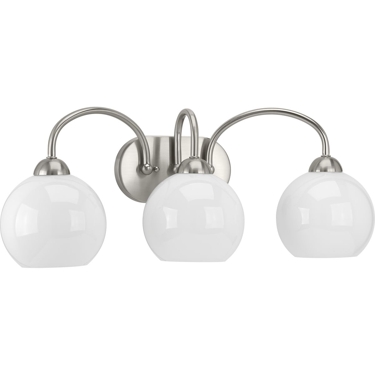 Inspired by the revival of mid-century fashions, the Carisa collection brings home this classic style. A metallic finish supports glossy white glass globes to create a timeless modern design. Three-Light Bath in a Brushed Nickel finish.