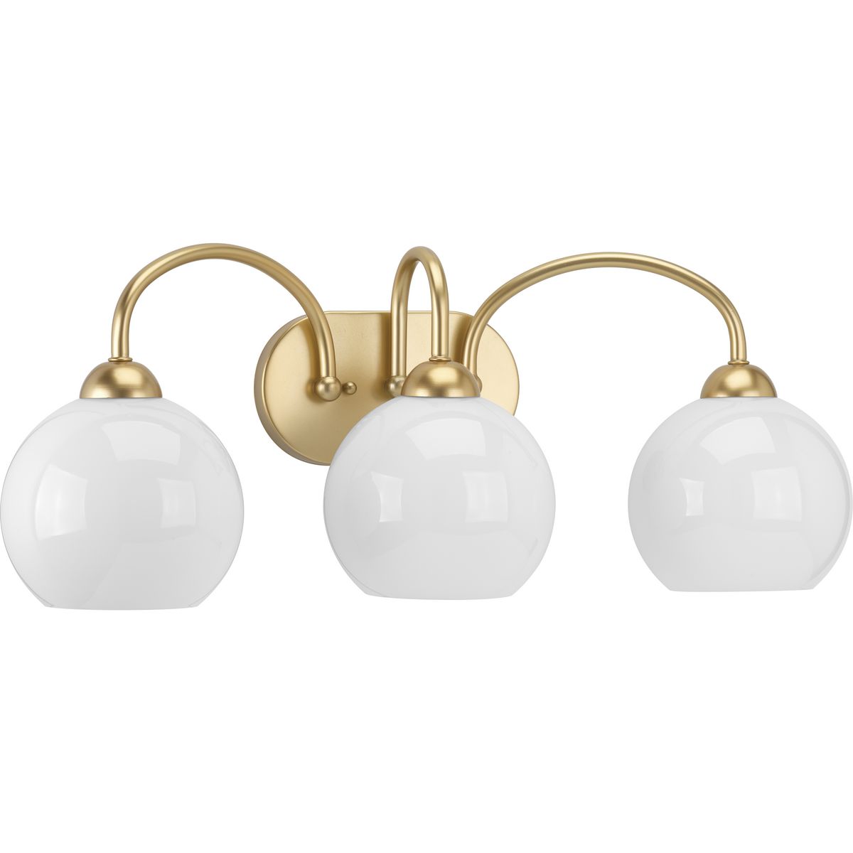 Inspired by the revival of mid-century fashions, the Carisa collection brings home this classic style. A metallic finish supports glossy white glass globes to create a timeless modern design. Three-Light Bath in a Vintage Gold finish.