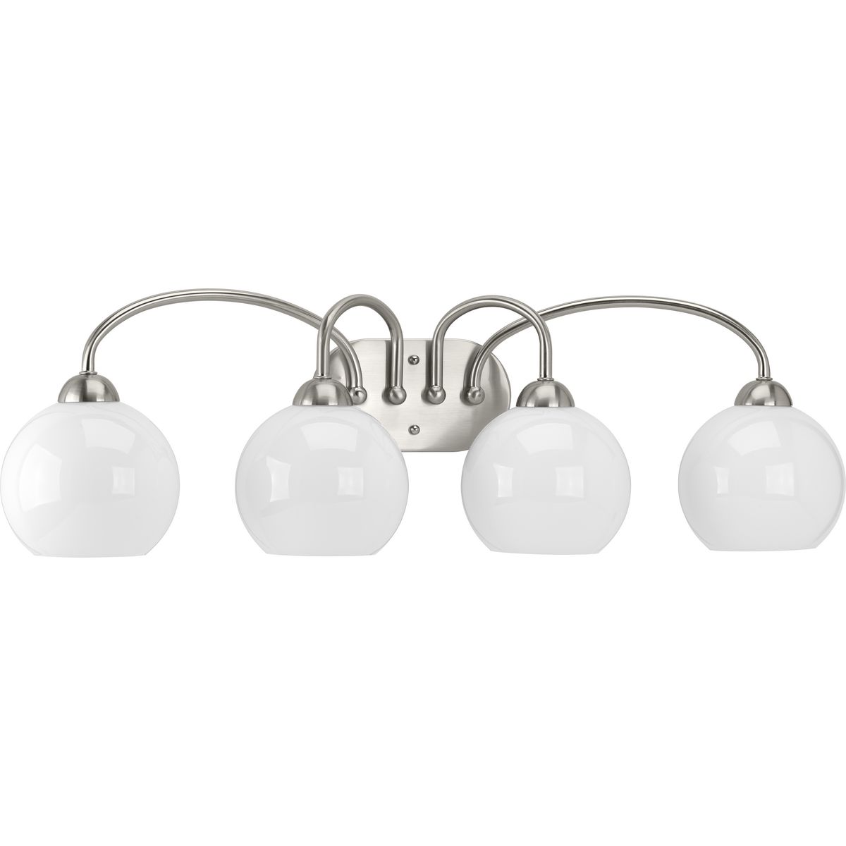 Inspired by the revival of mid-century fashions, the Carisa collection brings home this classic style. A metallic finish supports glossy white glass globes to create a timeless modern design. Four-Light Bath in a Brushed Nickel finish.