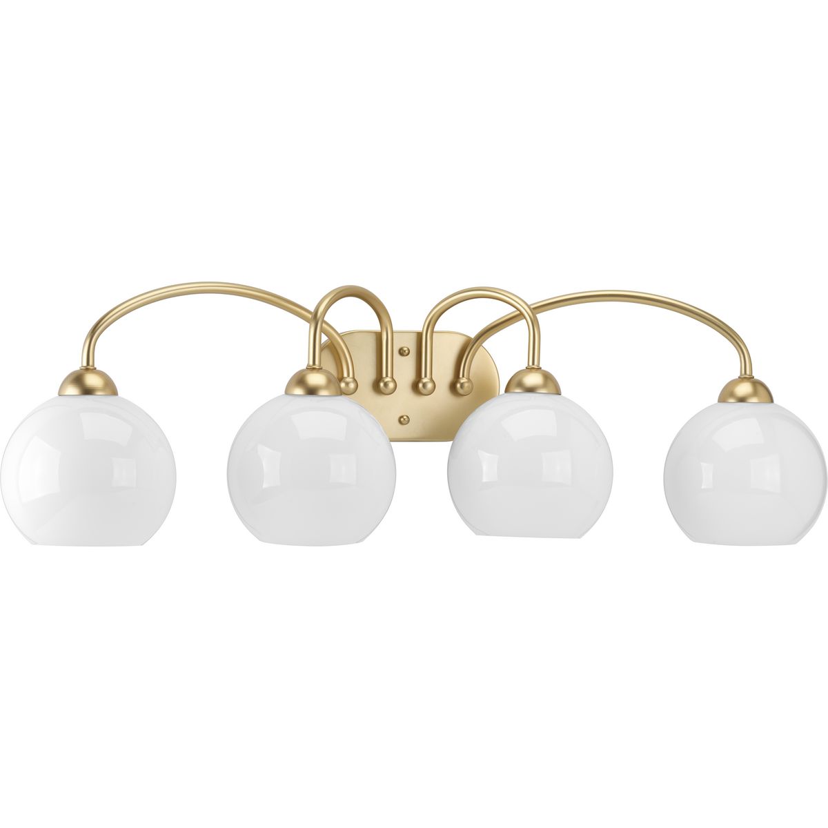 Inspired by the revival of mid-century fashions, the Carisa collection brings home this classic style. A metallic finish supports glossy white glass globes to create a timeless modern design. Four-Light Bath in a Vintage Gold finish.