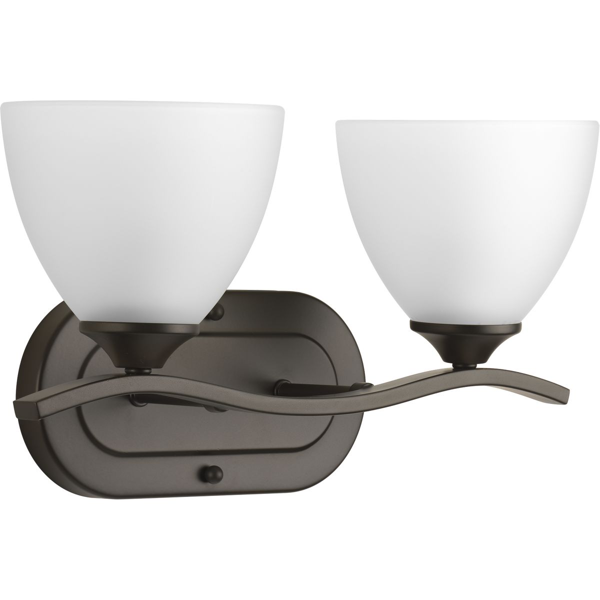 The Laird collection provides a contemporary complement to casual interiors popular in today's homes. Glass shades add distinction and provide pleasing illumination to any room, while scrolling arms create an airy effect. Two-light bath & vanity in an Antique Bronze finish.