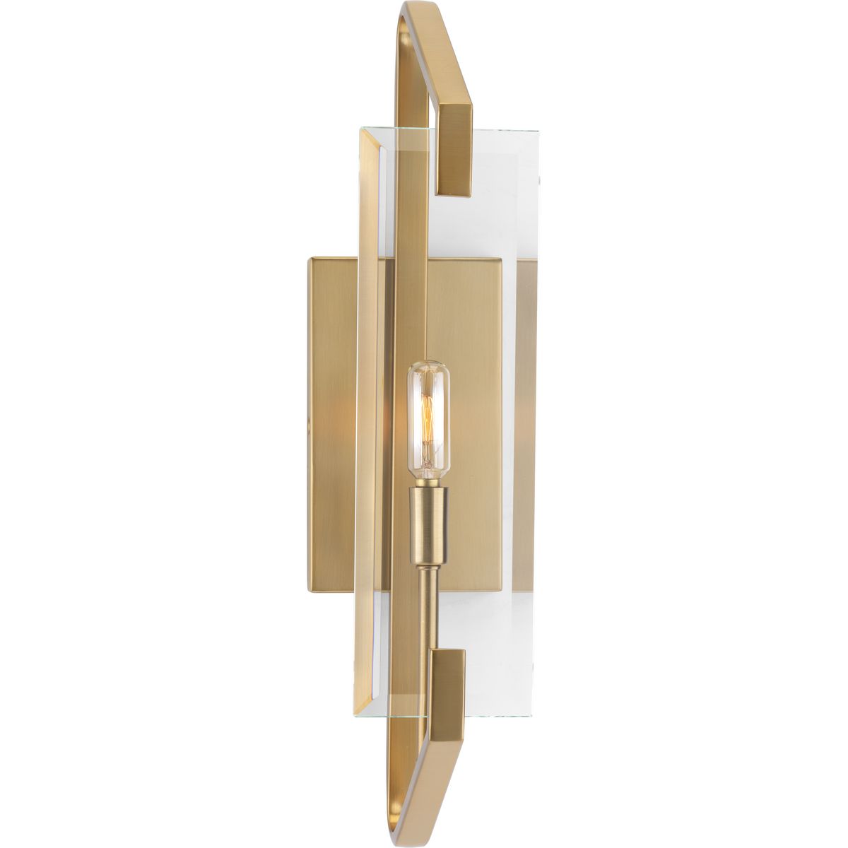 A stylish Brushed Bronze finish frames brilliant clear beveled glass panels in the Cahill collection one-light wall sconce-bath bracket. Ideal for luxe or mid-century modern interiors, the visual interest provides a reinvention of the popular glass design.