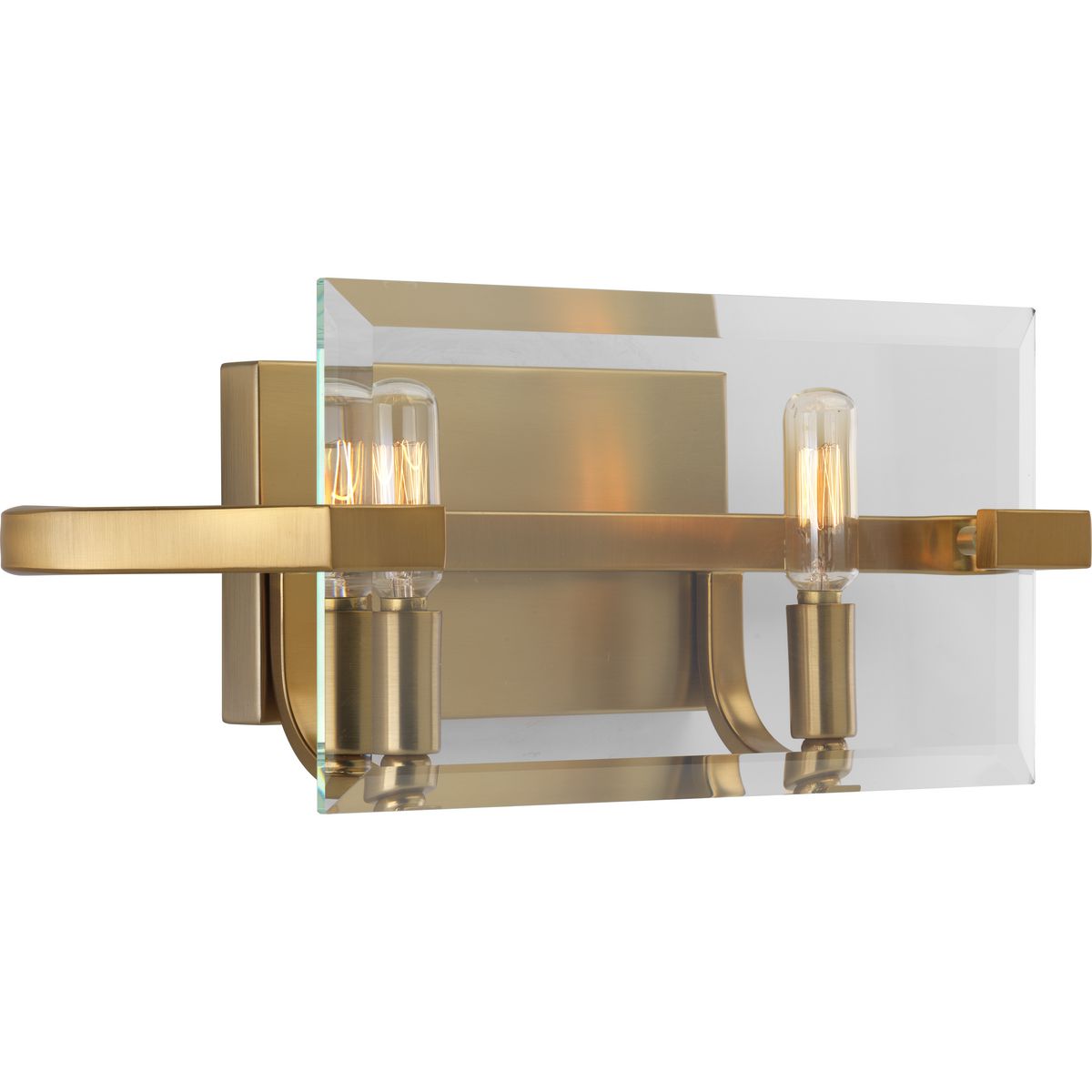 A stylish Brushed Bronze finish frames brilliant clear beveled glass panels in the Cahill collection two-light bath & vanity. Ideal for luxe or mid-century modern interiors, the visual interest provides a reinvention of the popular glass design.