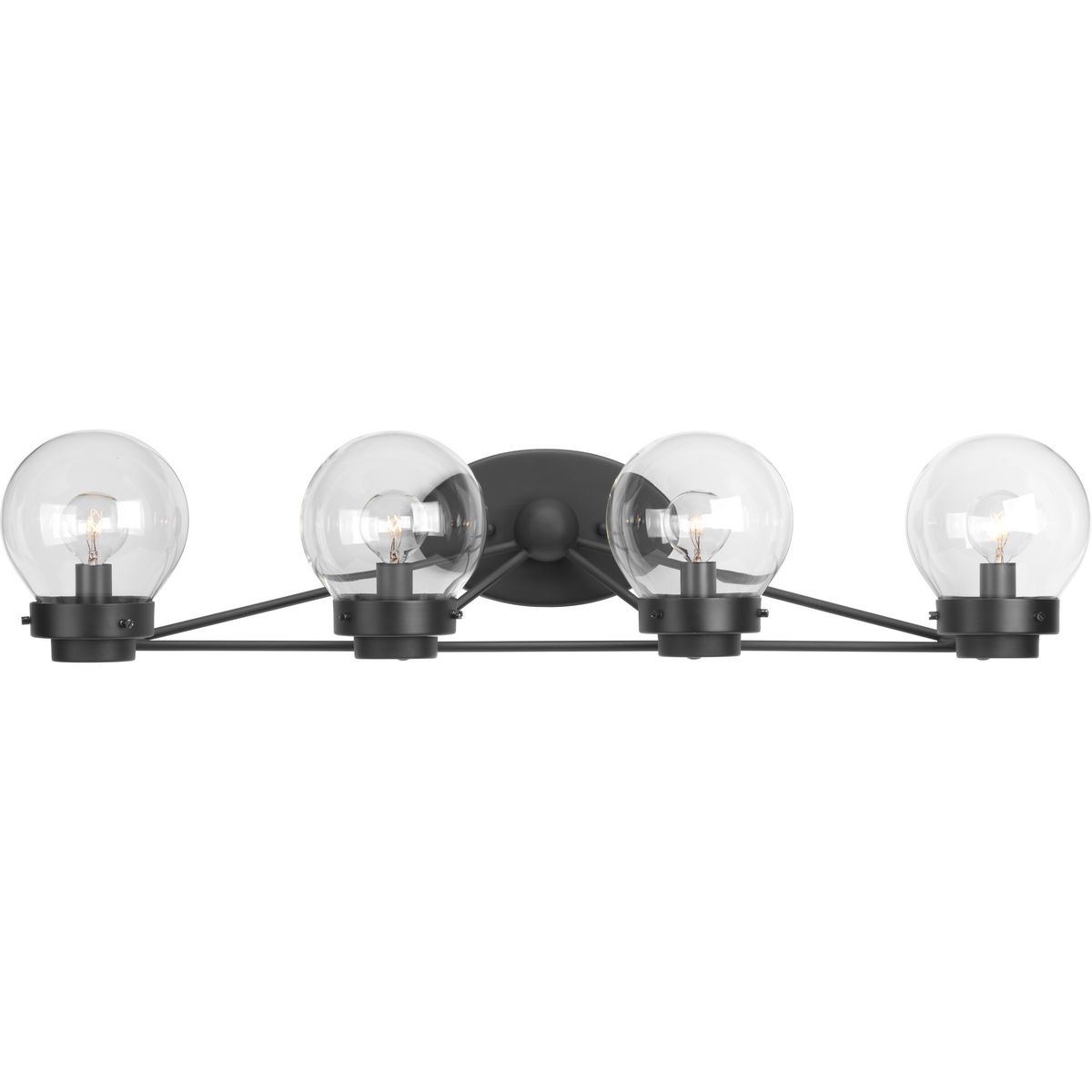 Spatial showcases a modern form that complements Urban Industrial and Bohemian styles. Overscaled geometric frames feature designs inspired by metal trusses and the art of engineering. A Matte Black finish is highlighted by clear globe shades. The fo...