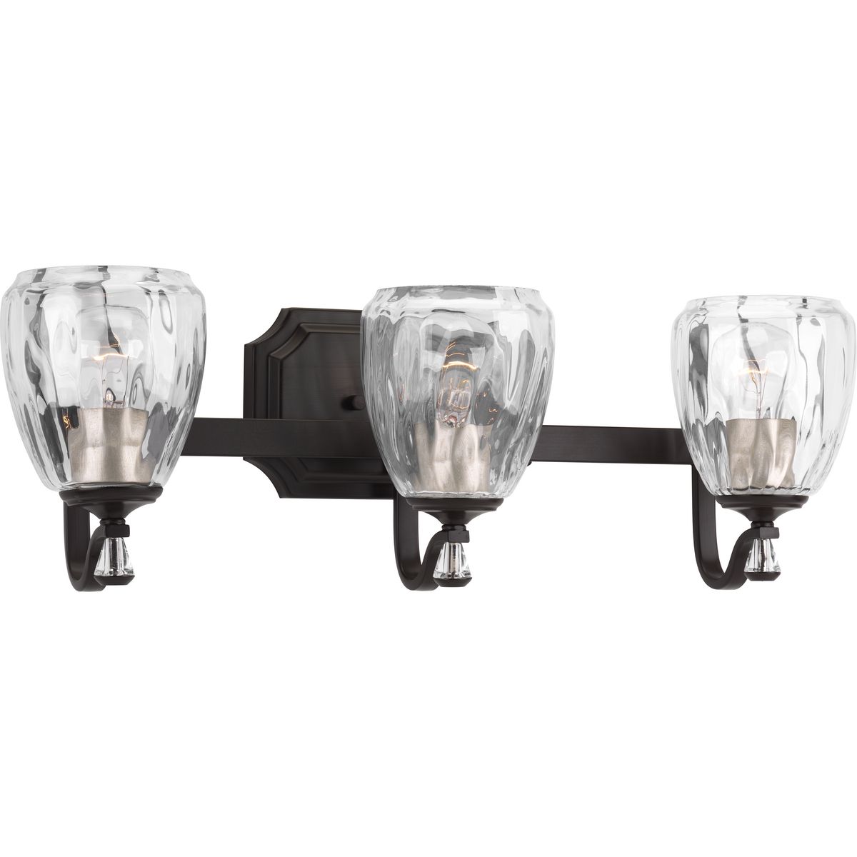 The Anjoux Collection is distinctive with casual crystal details. The three-light bath and vanity fixture features clear water glass shades and a Silver Ridge finish with Polished Chrome accents. Anjoux is a truly versatile lighting collection that can complement a wide range of design spaces.