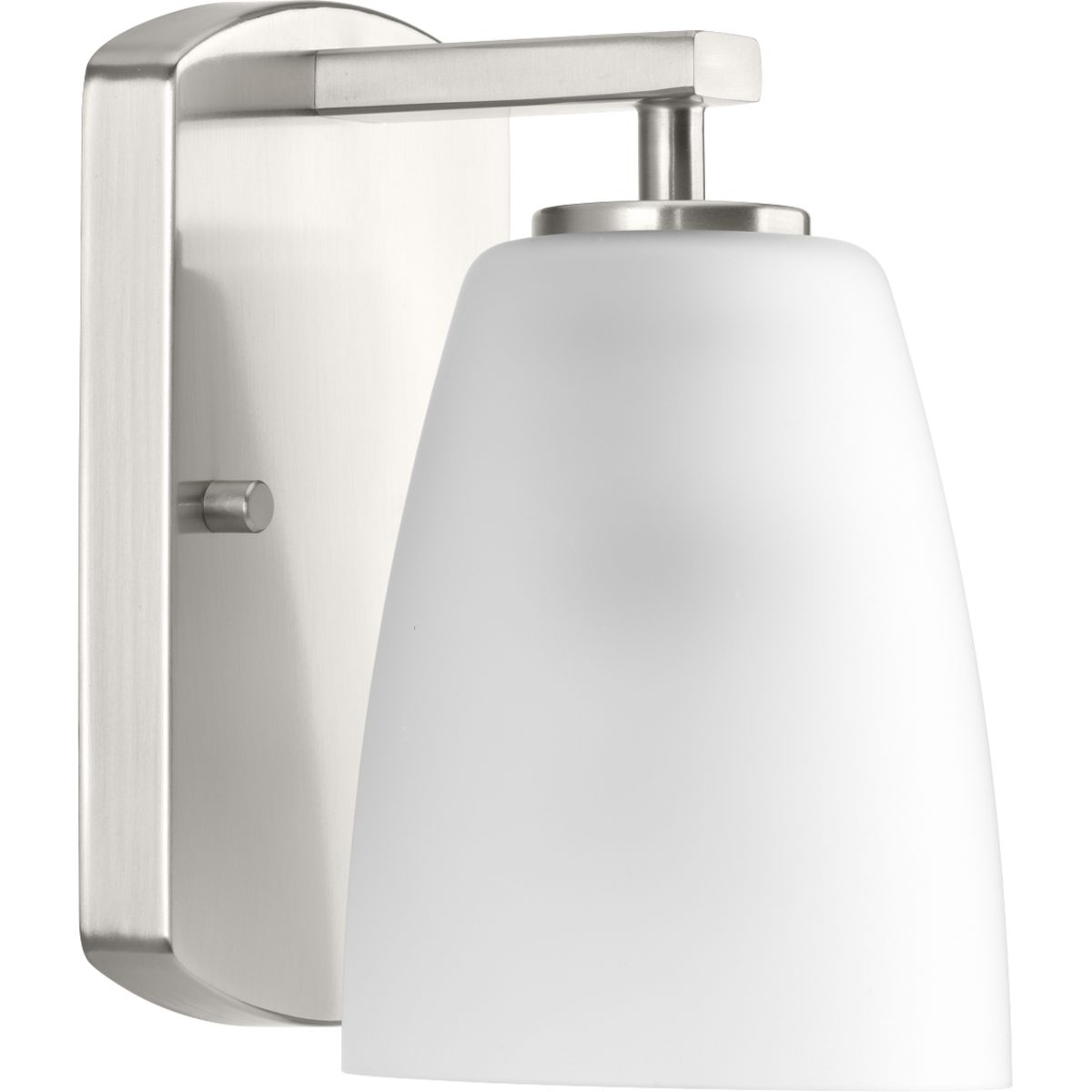 Leap vanity fixtures feature tapered etched glass shades to complement contemporary design trends. One-light bath & vanity in an Brushed Nickel finish.