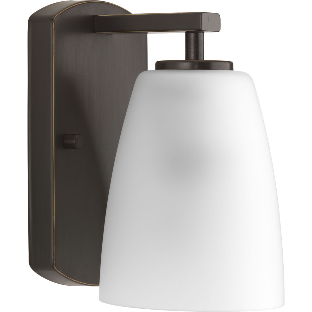 Leap vanity fixtures feature tapered etched glass shades to complement contemporary design trends. One-light bath & vanity in an Antique Bronze finish.