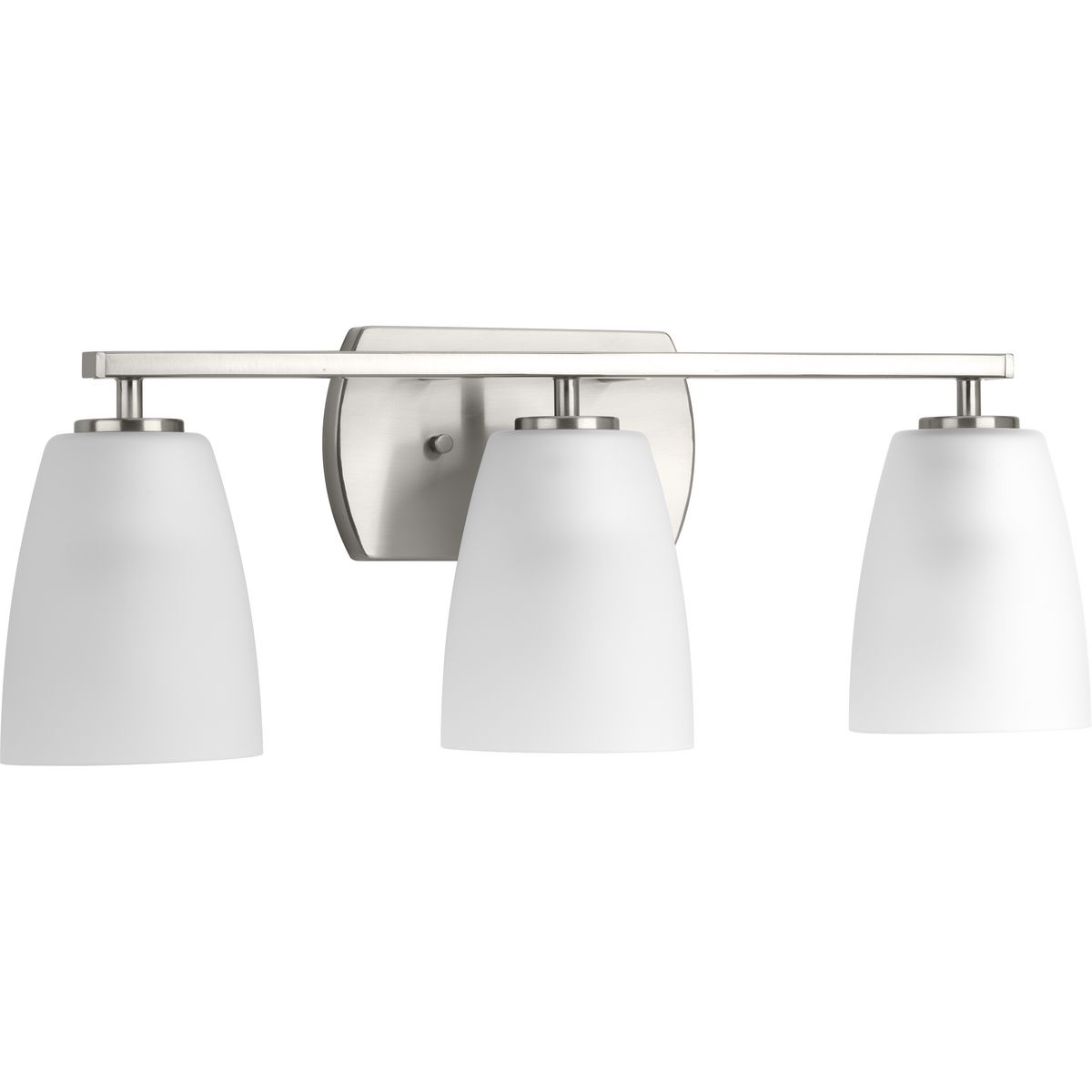 Leap vanity fixtures feature tapered etched glass shades to complement contemporary design trends. Three-light bath & vanity in an Brushed Nickel finish.