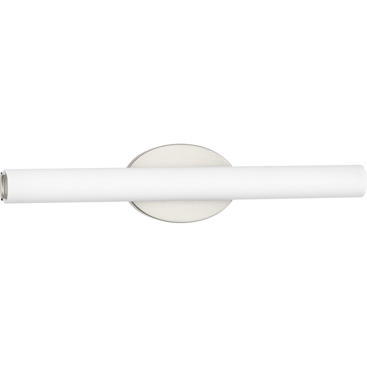 22 in Parallel LED bath and vanity fixtures feature a tubular opal glass diffuser paired with a simple, modern oval metal canopy. An integrated LED source provides a variety of energy and cost savings benefits. Suitable for residential and commercial applications, and can be installed vertically or horizontally. Brushed Nickel finish.