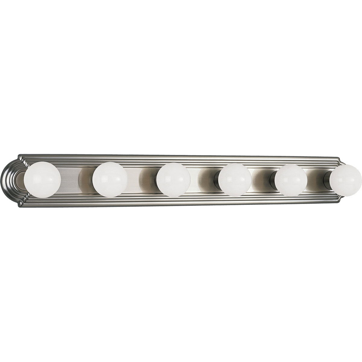 Six-light embossed, wall mount bracket. Sockets are on 6 inch centers enclosed with matching cups. Broadway style lighting strip gives the room a Hollywood feel. Be flirtatious and glamorous with this inviting Brushed Nickel wall light decoration.