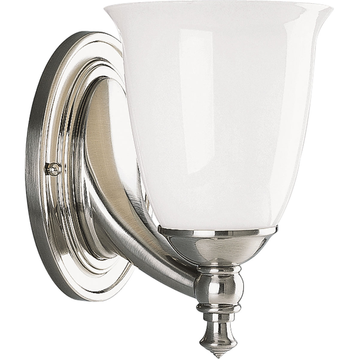 Feeling nostalgic for simpler times, The Victorian Collection helps you create a vintage look in any room. This Brushed Nickel one-light bath fixture is boldly simple with pure white, triplex opal glass shades and precise metal fittings. Coordinates with Delta Faucet fixtures to provide a whole-room decorating solution. This fixture can be installed with the glass facing up or down to suit your preference.