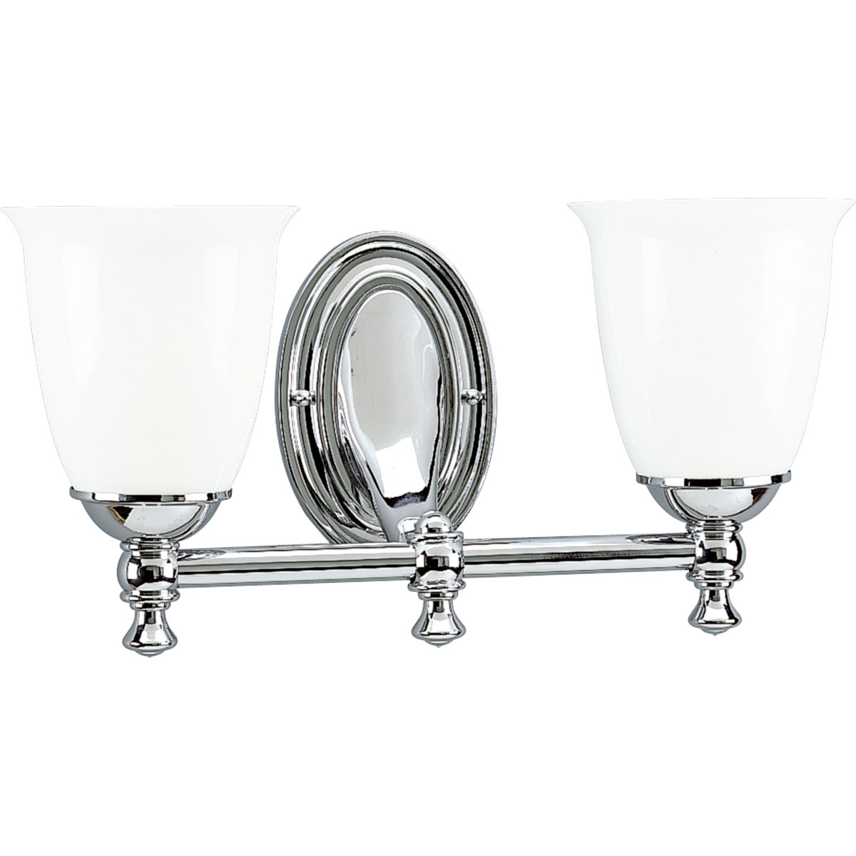 Feeling nostalgic for simpler times, The Victorian Collection helps you create a vintage look in any room. This Polished Chrome two-light bath fixture is boldly simple with pure white, triplex opal glass shades and precise metal fittings. Coordinates with Delta Faucet fixtures to provide a whole-room decorating solution. This fixture can be installed with the glass facing up or down to suit your preference.