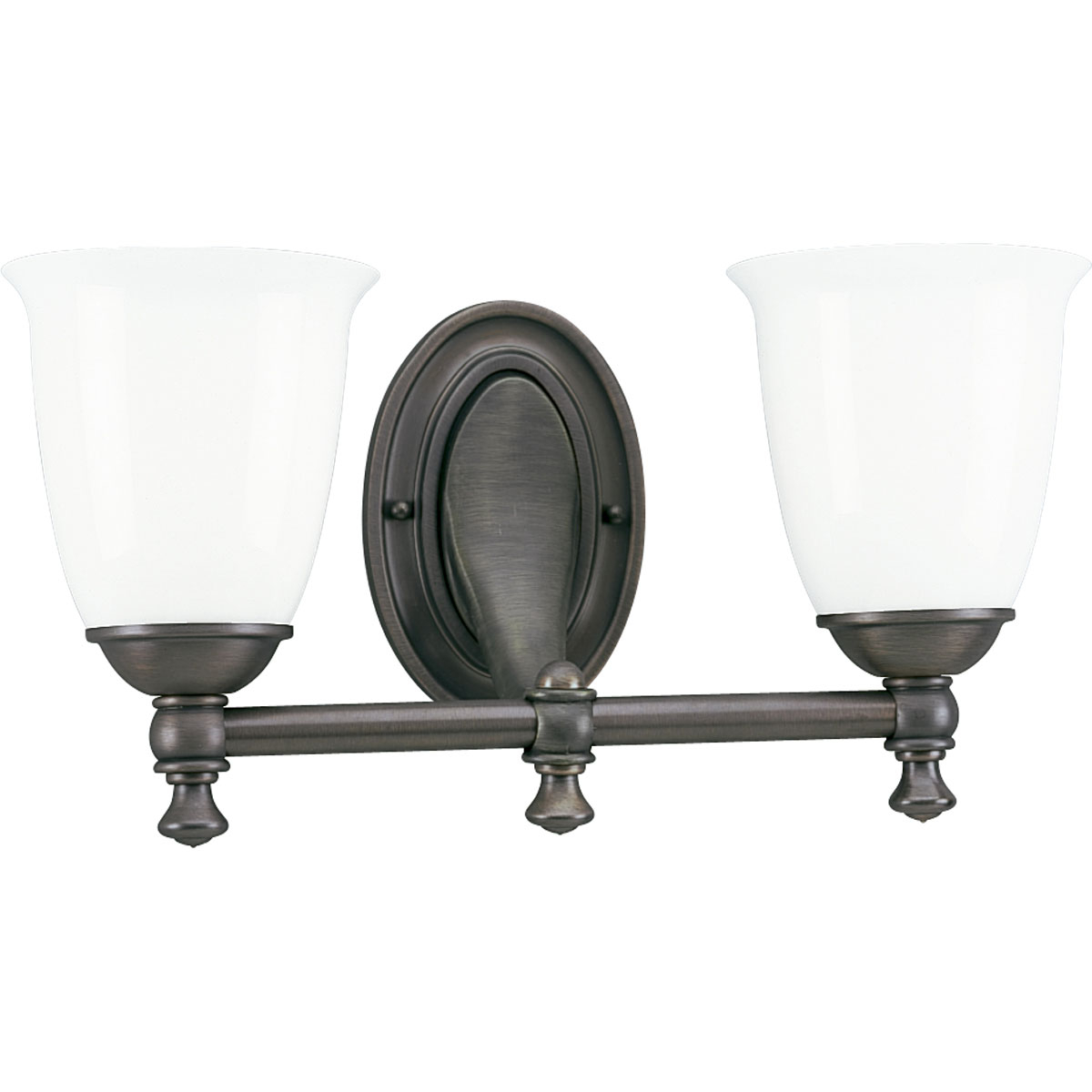 Feeling nostalgic for simpler times, The Victorian Collection helps you create a vintage look in any room. This Venetian Bronze two-light bath fixture is boldly simple with pure white, triplex opal glass shades and precise metal fittings. Coordinates with Delta Faucet fixtures to provide a whole-room decorating solution. This fixture can be installed with the glass facing up or down to suit your preference.