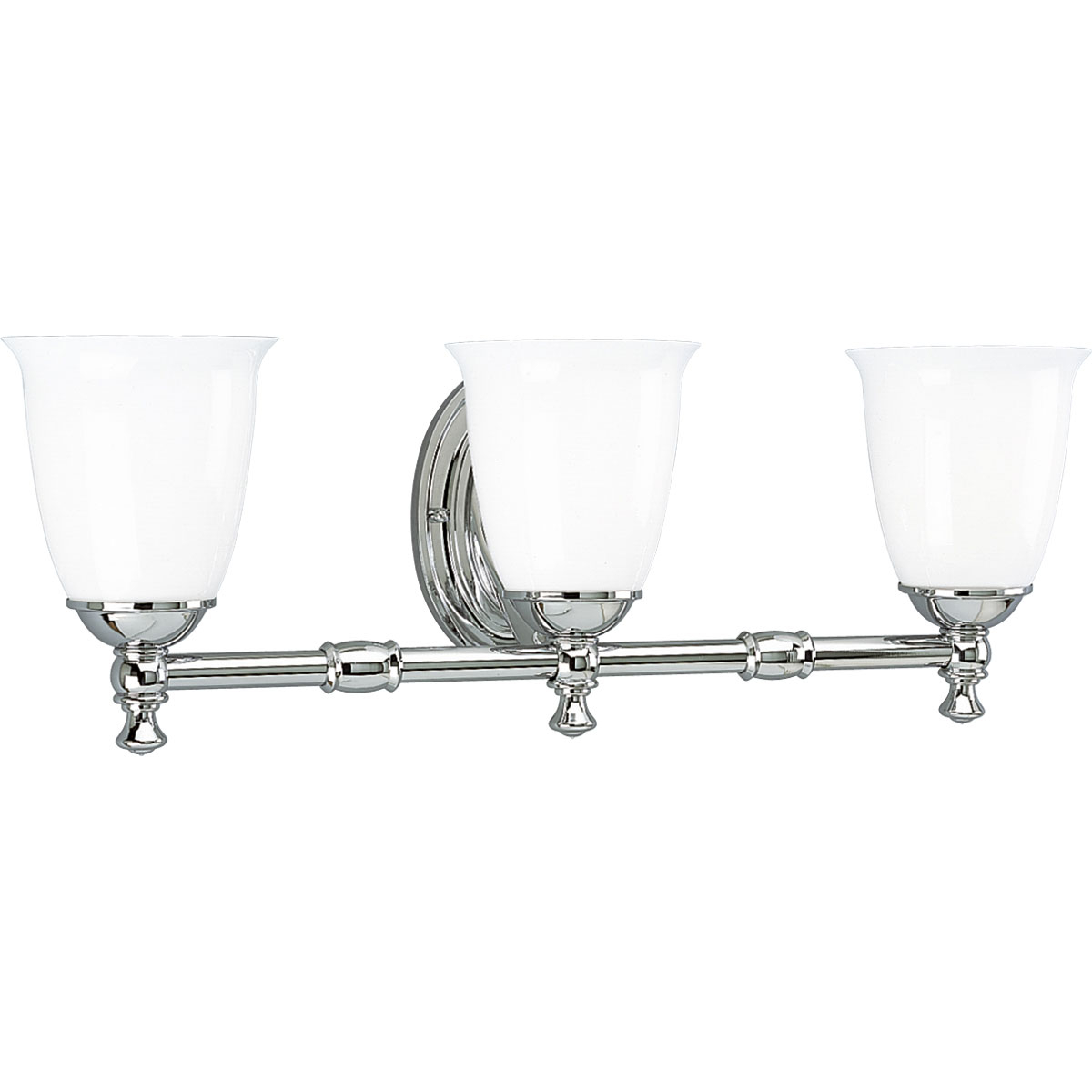 Feeling nostalgic for simpler times, The Victorian Collection helps you create a vintage look in any room. This Polished Chrome three-light bath fixture is boldly simple with pure white, triplex opal glass shades and precise metal fittings. Coordinates with Delta Faucet fixtures to provide a whole-room decorating solution. This fixture can be installed with the glass facing up or down to suit your preference.