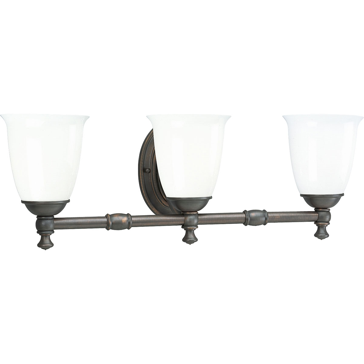 Feeling nostalgic for simpler times, The Victorian Collection helps you create a vintage look in any room. This Venetian Bronze three-light bath fixture is boldly simple with pure white, triplex opal glass shades and precise metal fittings. Coordinates with Delta Faucet fixtures to provide a whole-room decorating solution. This fixture can be installed with the glass facing up or down to suit your preference.