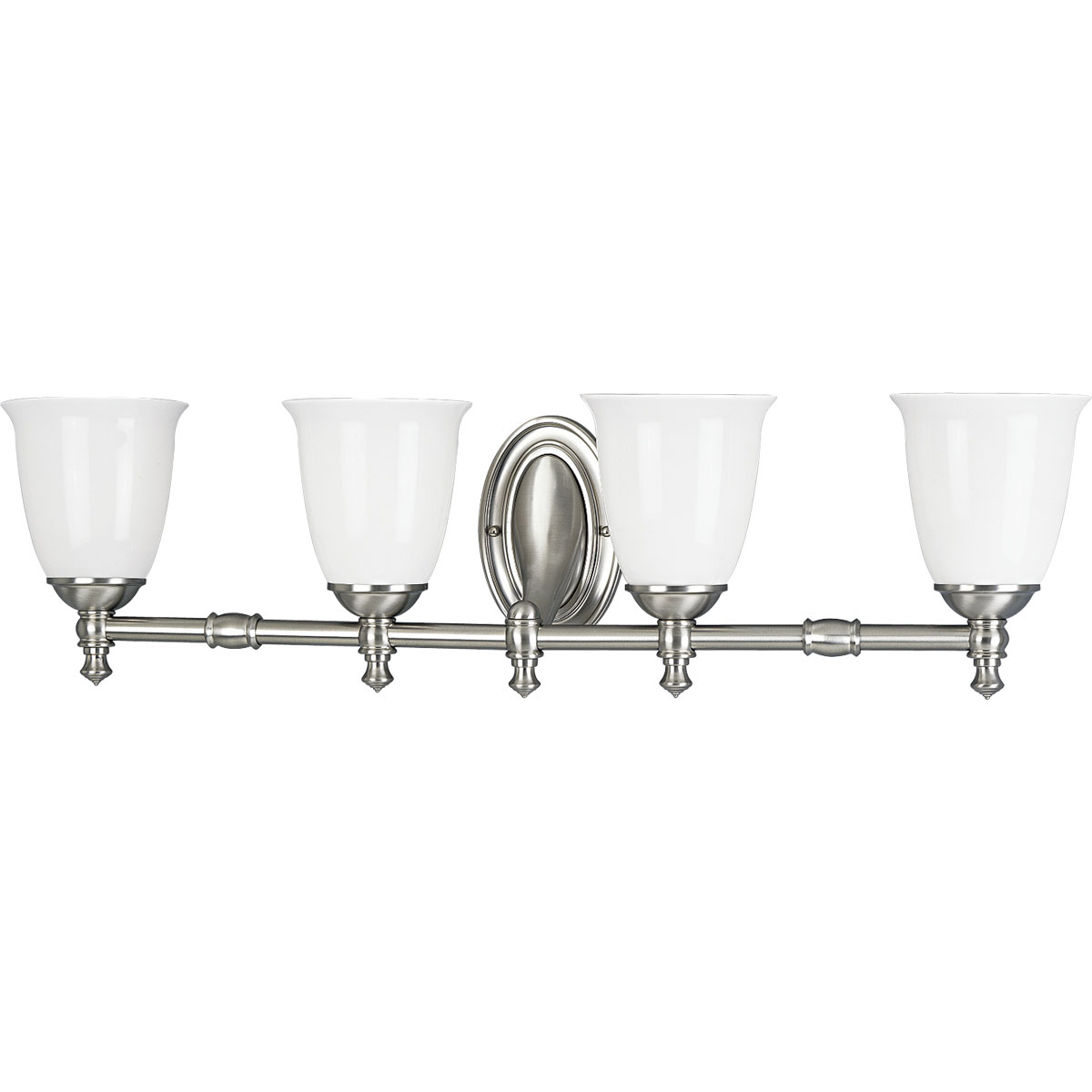 Feeling nostalgic for simpler times, The Victorian Collection helps you create a vintage look in any room. This Brushed Nickel four-light bath fixture is boldly simple with pure white, triplex opal glass shades and precise metal fittings. Coordinates with Delta Faucet fixtures to provide a whole-room decorating solution. This fixture can be installed with the glass facing up or down to suit your preference.