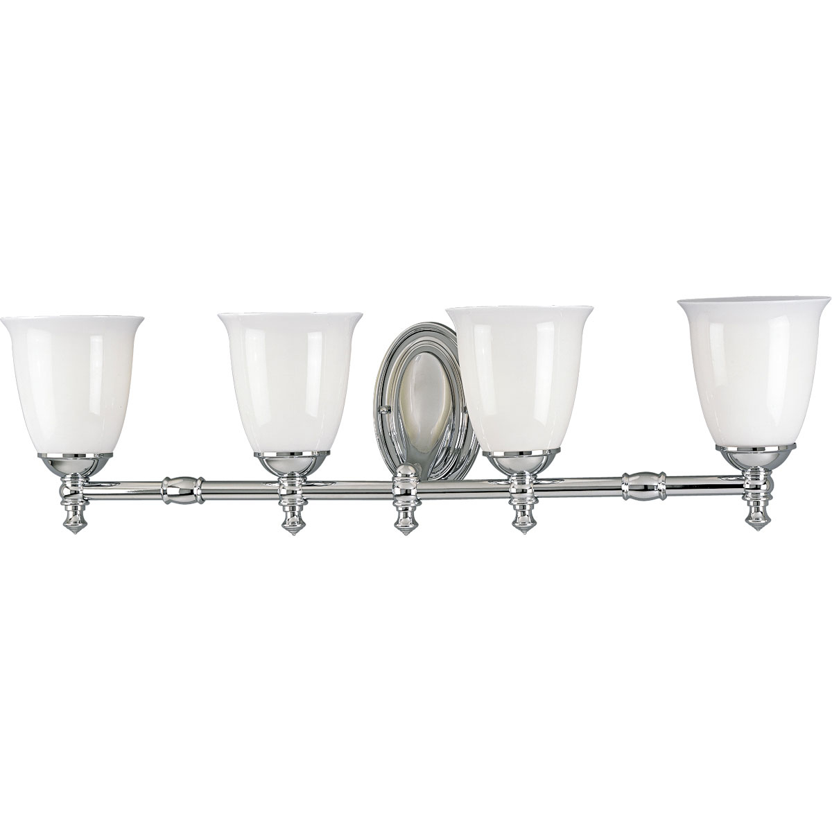 Feeling nostalgic for simpler times, The Victorian Collection helps you create a vintage look in any room. This Polished Chrome four-light bath fixture is boldly simple with pure white, triplex opal glass shades and precise metal fittings. Coordinates with Delta Faucet fixtures to provide a whole-room decorating solution. This fixture can be installed with the glass facing up or down to suit your preference.