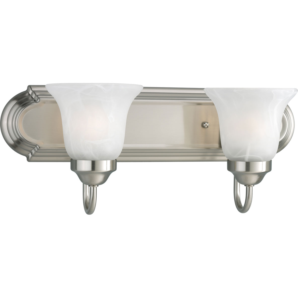 Two-light bath bracket on an elongated racetrack-style backplate, this collection features a simple transitional design. Decorative wall lighting complements most traditional bathrooms or powder rooms. Brushed metallic finish coordinates with popular faucet and bath hardware styles. Flaired, Alabaster glass give a unique, poised presence.