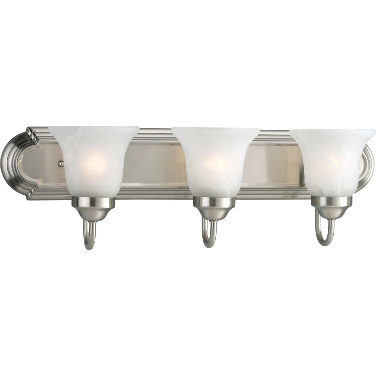 Three-light bath bracket on an elongated racetrack-style backplate, this collection features a simple transitional design. Decorative wall lighting complements most traditional bathrooms or powder rooms. Brushed metallic finish coordinates with popular faucet and bath hardware styles. Flaired, Alabaster glass give a unique, poised finish.