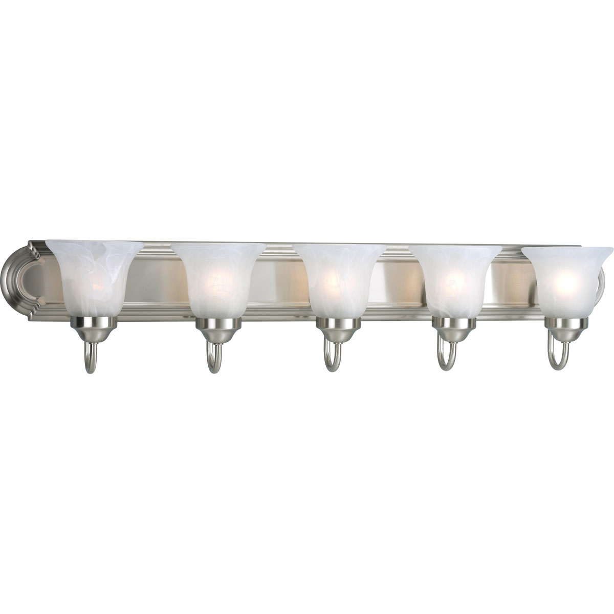 Five-light bath bracket on an elongated racetrack-style backplate, this collection features a simple transitional design. Decorative wall lighting complements most traditional bathrooms or powder rooms. Brushed metallic finish coordinates with popular faucet and bath hardware styles. Flaired, Alabaster glass give a unique, poised finish.