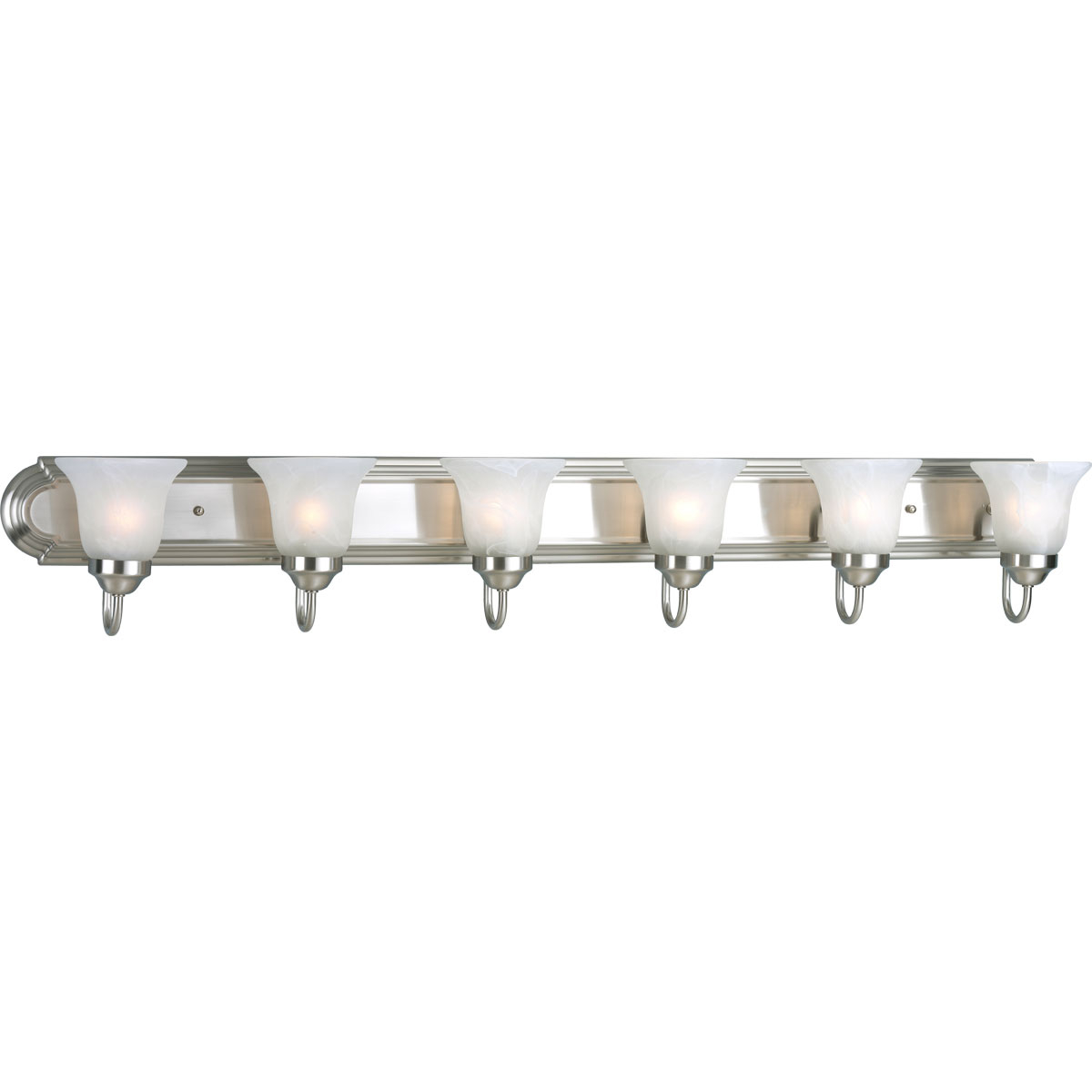 Six-light bath bracket on an elongated racetrack-style backplate, this collection features a simple transitional design. Decorative wall lighting complements most traditional bathrooms or powder rooms. Brushed metallic finish coordinates with popular faucet and bath hardware styles. Flaired, Alabaster glass give a unique, poised finish.