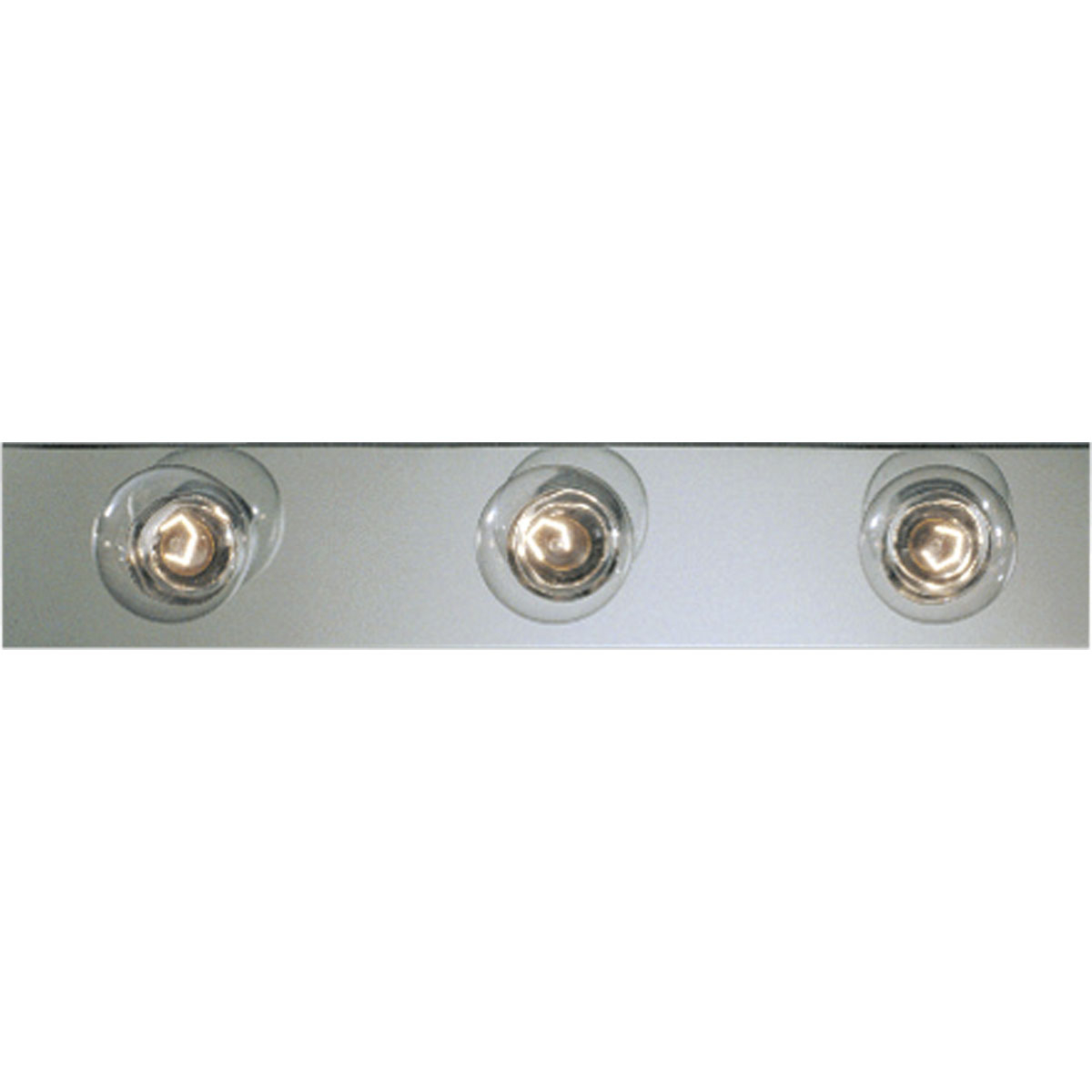 Basic Broadway Lighting strips use fewer lamps to lower the overall wattage per strip. This three-light bath strip with sockets on 7-1/2 inch centers gives an even spread of illumination. UL listed for ceiling mounting with 25w maximum lamps. Complete with a brilliant metallic finish.