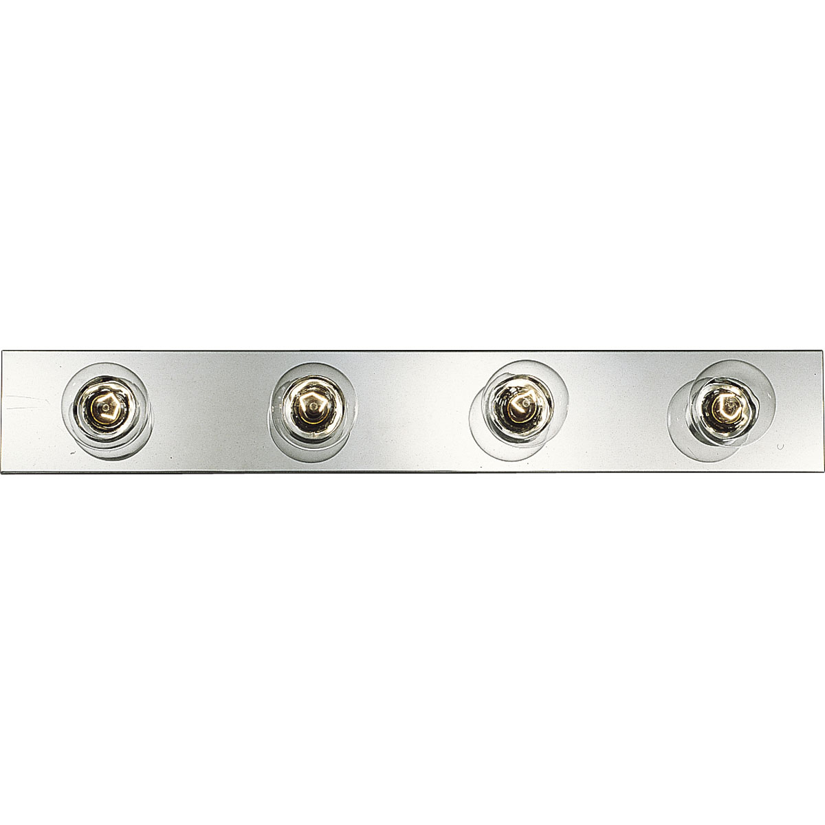 Basic Broadway Lighting strips use fewer lamps to lower the overall wattage per strip. This four-light bath strip with sockets on 7-1/2 inch centers gives an even spread of illumination. UL listed for ceiling mounting with 25w maximum lamps. Complete with a brilliant metallic finish.