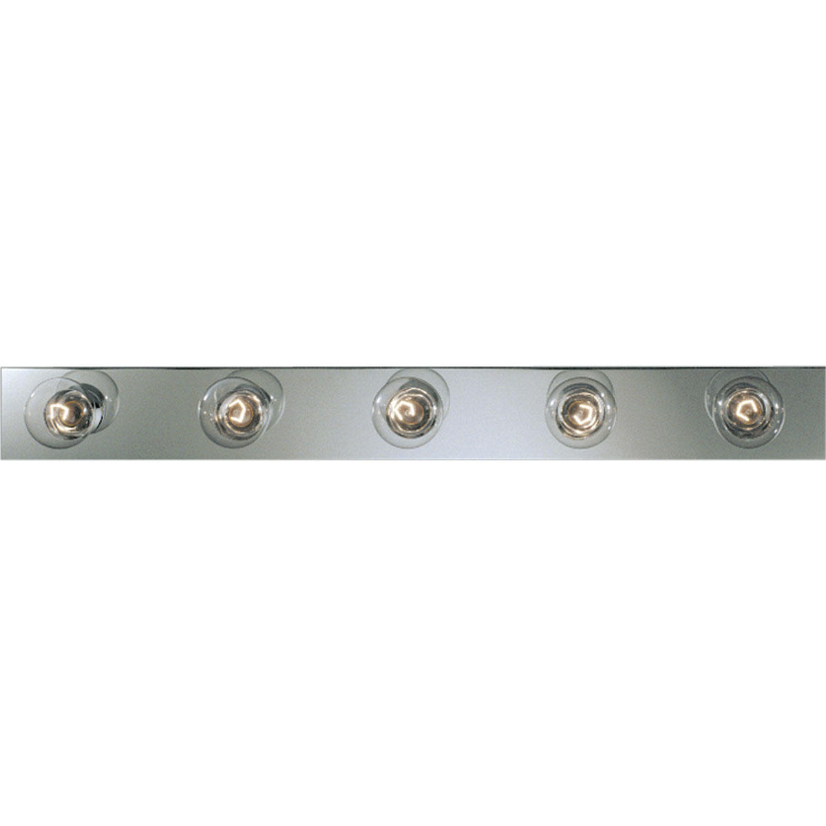 Basic Broadway Lighting strips use fewer lamps to lower the overall wattage per strip. This five-light bath strip with sockets on 7-1/2 inch centers gives an even spread of illumination. UL listed for ceiling mounting with 25w maximum lamps. Complete with a brilliant metallic finish.