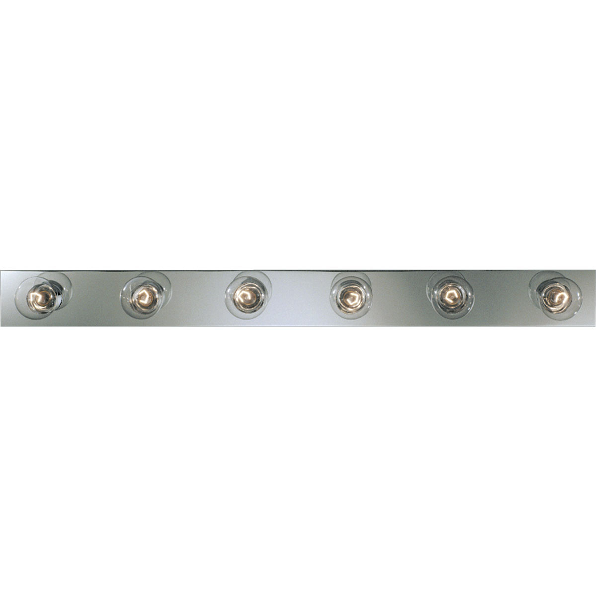 Basic Broadway Lighting strips use fewer lamps to lower the overall wattage per strip. This six-light bath strip with sockets on 7-1/2 inch centers gives an even spread of illumination. UL listed for ceiling mounting with 25w maximum lamps. Complete with a brilliant metallic finish.