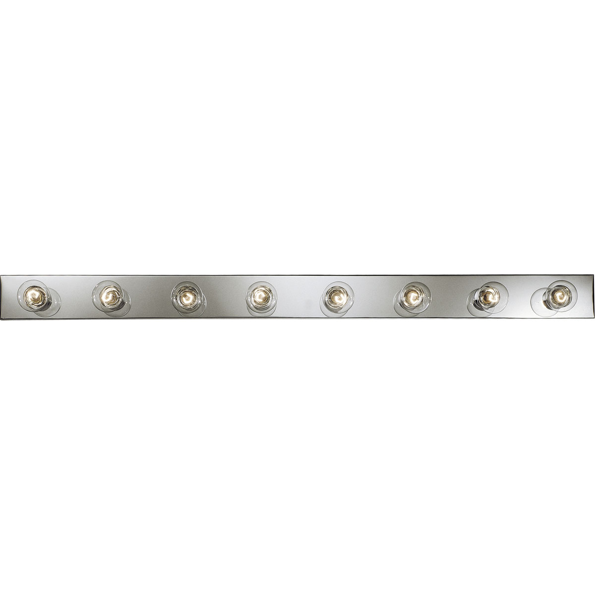 Basic Broadway Lighting strips use fewer lamps to lower the overall wattage per strip. This eight-light bath strip with sockets on 7-1/2 inch centers gives an even spread of illumination. UL listed for ceiling mounting with 25w maximum lamps. Complete with a brilliant metallic finish.