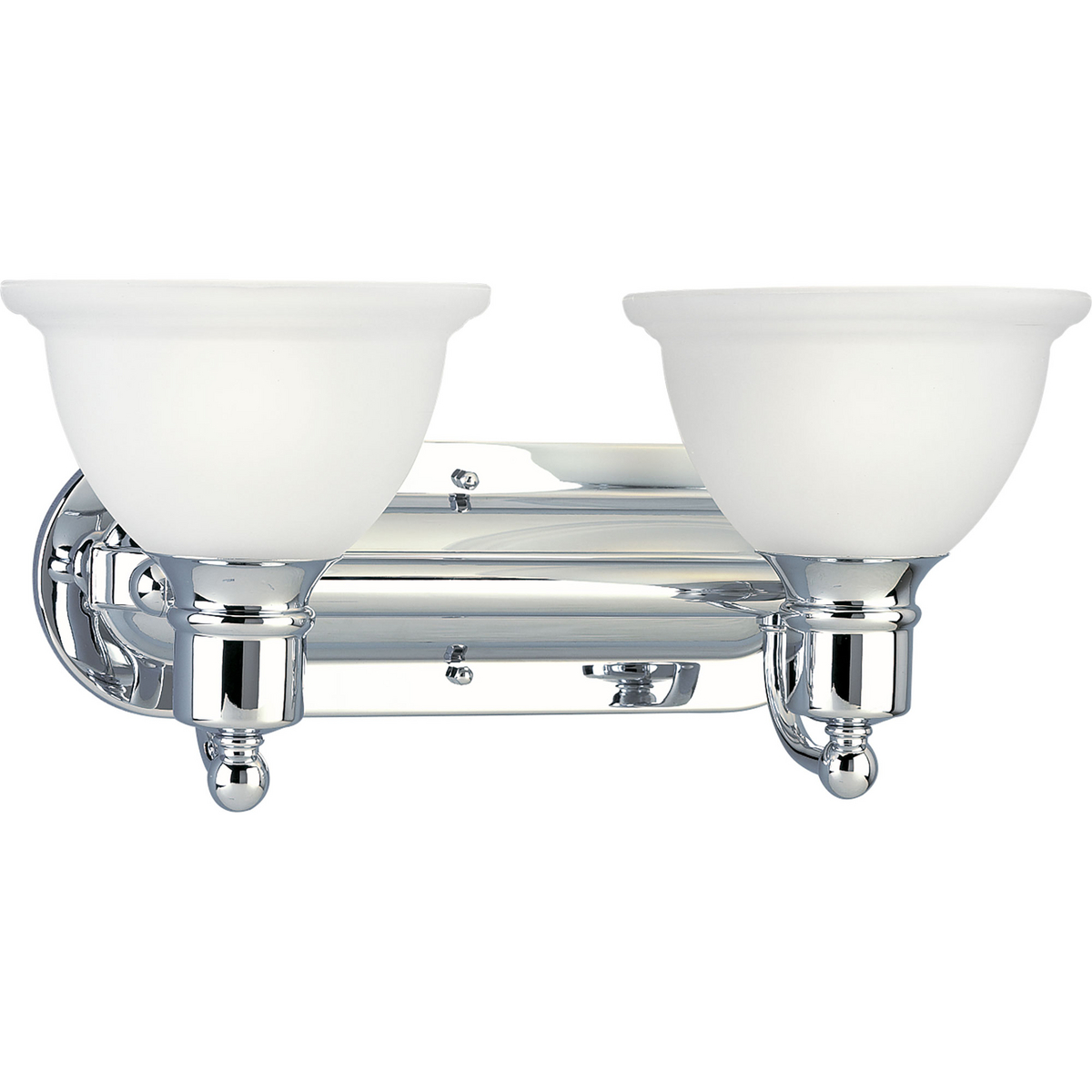 Polished Chrome Two-light wall bracket with white etched glass. Glass in a clean, simple domed shape provides even, diffused illumination. Fixture can be installed facing upwards or downwards.