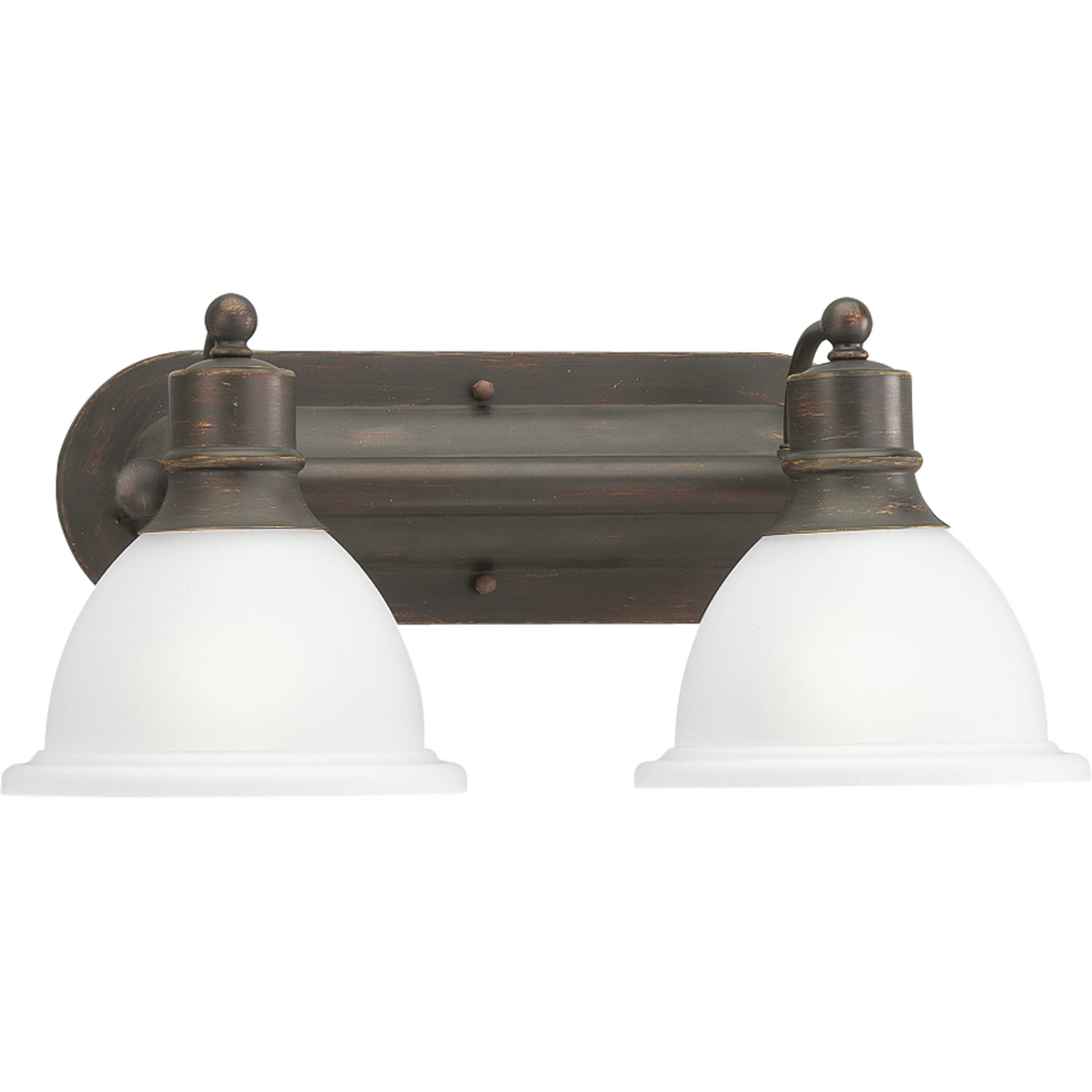 Antique Bronze Two-light wall bracket with white etched glass. Glass in a clean, simple domed shape provides even, diffused illumination. Fixture can be installed facing upwards or downwards.