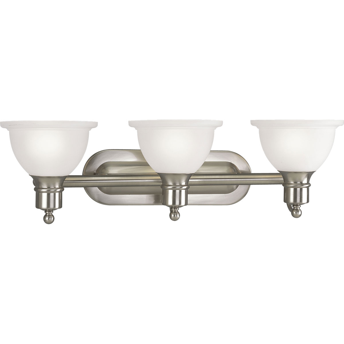 Brushed Nickel Three-light wall bracket with white etched glass. Glass in a clean, simple domed shape provides even, diffused illumination. Fixture can be installed facing upwards or downwards.
