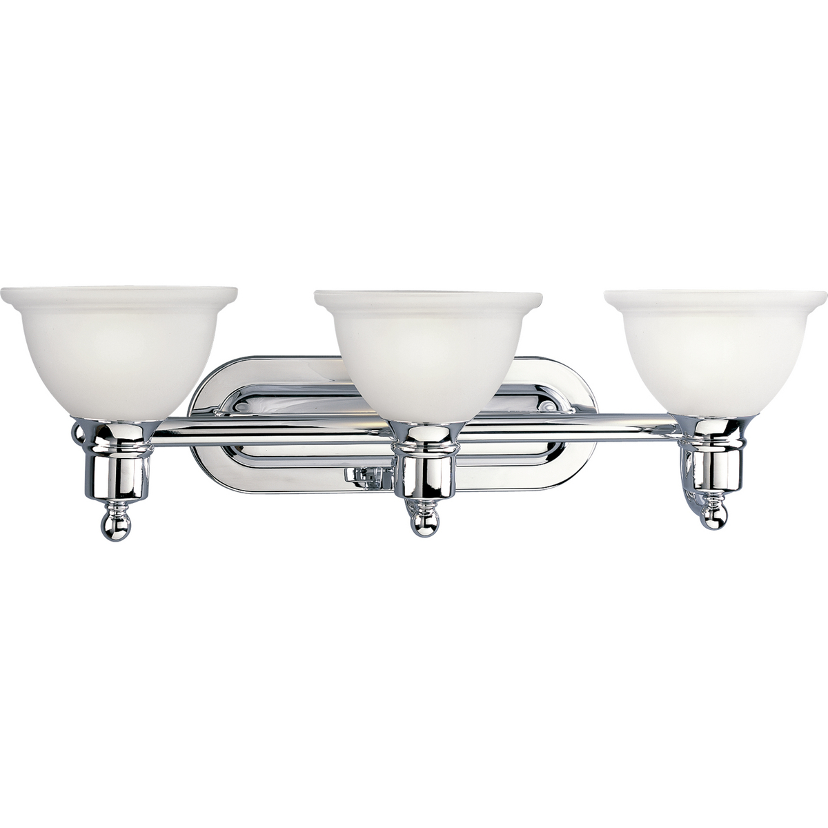 Polished Chrome Three-light wall bracket with white etched glass. Glass in a clean, simple domed shape provides even, diffused illumination. Fixture can be installed facing upwards or downwards.