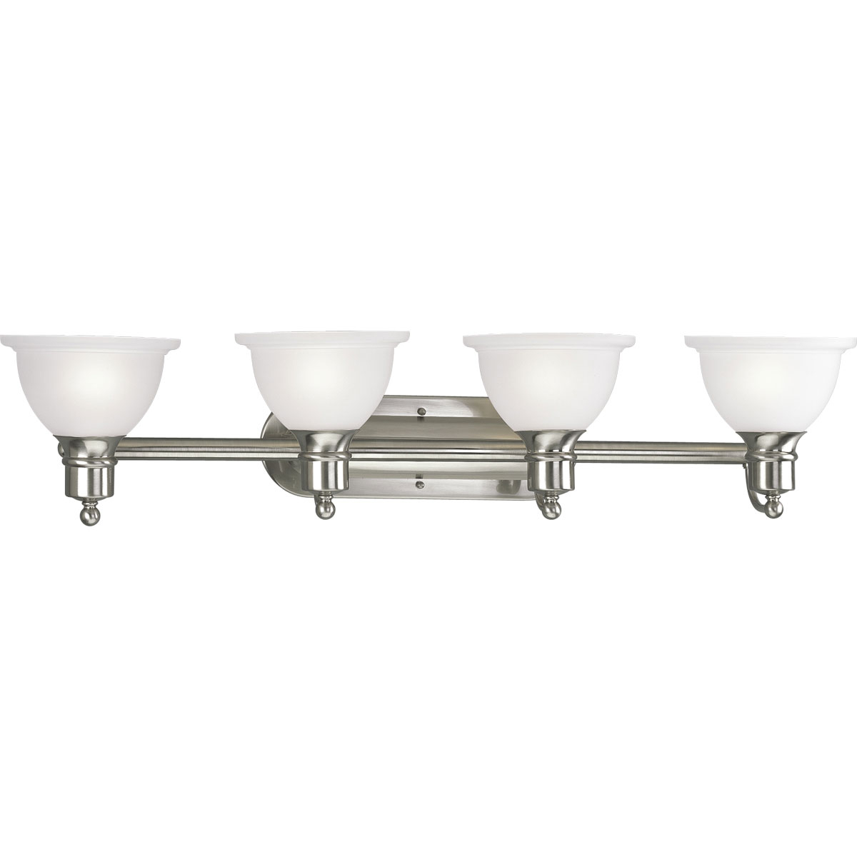 Brushed Nickel Four-light wall bracket with white etched glass. Glass in a clean, simple domed shape provides even, diffused illumination. Fixture can be installed facing upwards or downwards.