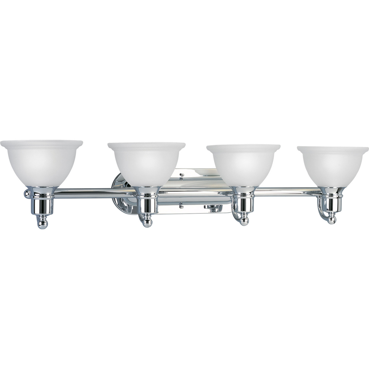 Polished Chrome Four-light wall bracket with white etched glass. Glass in a clean, simple domed shape provides even, diffused illumination. Fixture can be installed facing upwards or downwards.