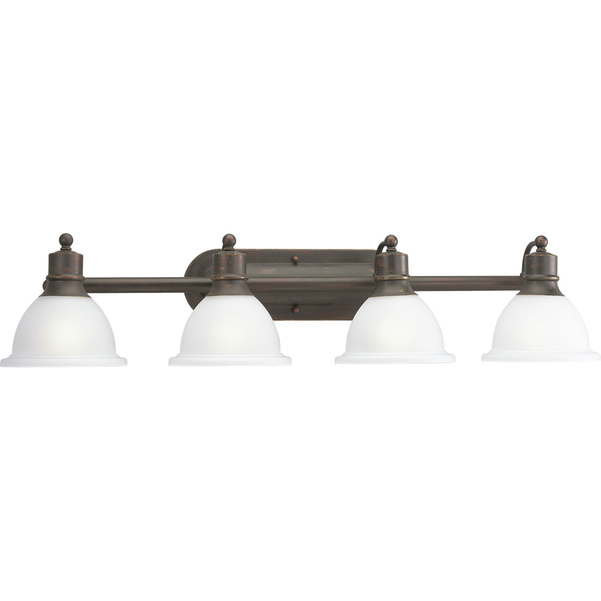 Antique Bronze Four-light wall bracket with white etched glass. Glass in a clean, simple domed shape provides even, diffused illumination. Fixture can be installed facing upwards or downwards.