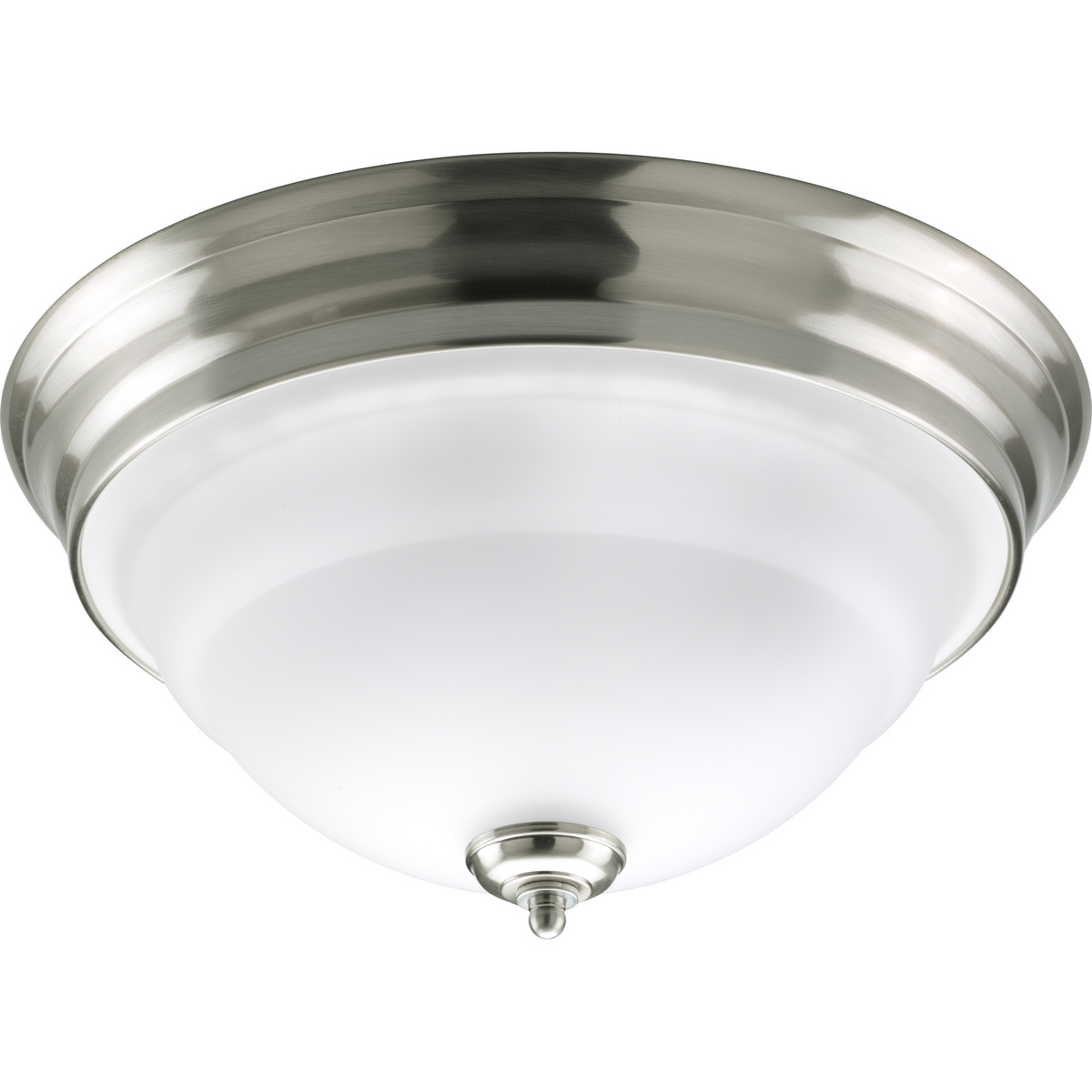 Two-light close-to-ceiling fixture with an etched white oversized, bell-shaped glass bowl. Brushed Nickel finish.