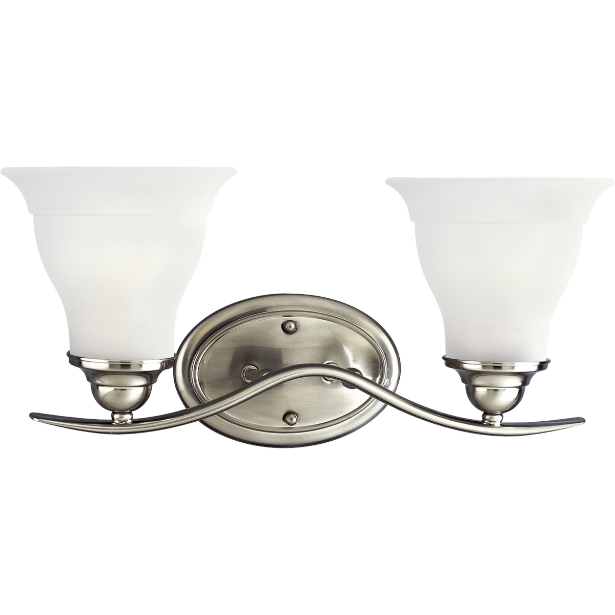 Two-light bath fixture featuring soft angles, curving lines and etched glass shades that mount up or down. Gracefully exotic, the Trinity Collection offers classic sophistication for transitional interiors. Sculptural forms of metal and glass are enhanced by a classic finish. This transitional style can transform a room or your whole home with its charming versatility. Brushed Nickel finish.