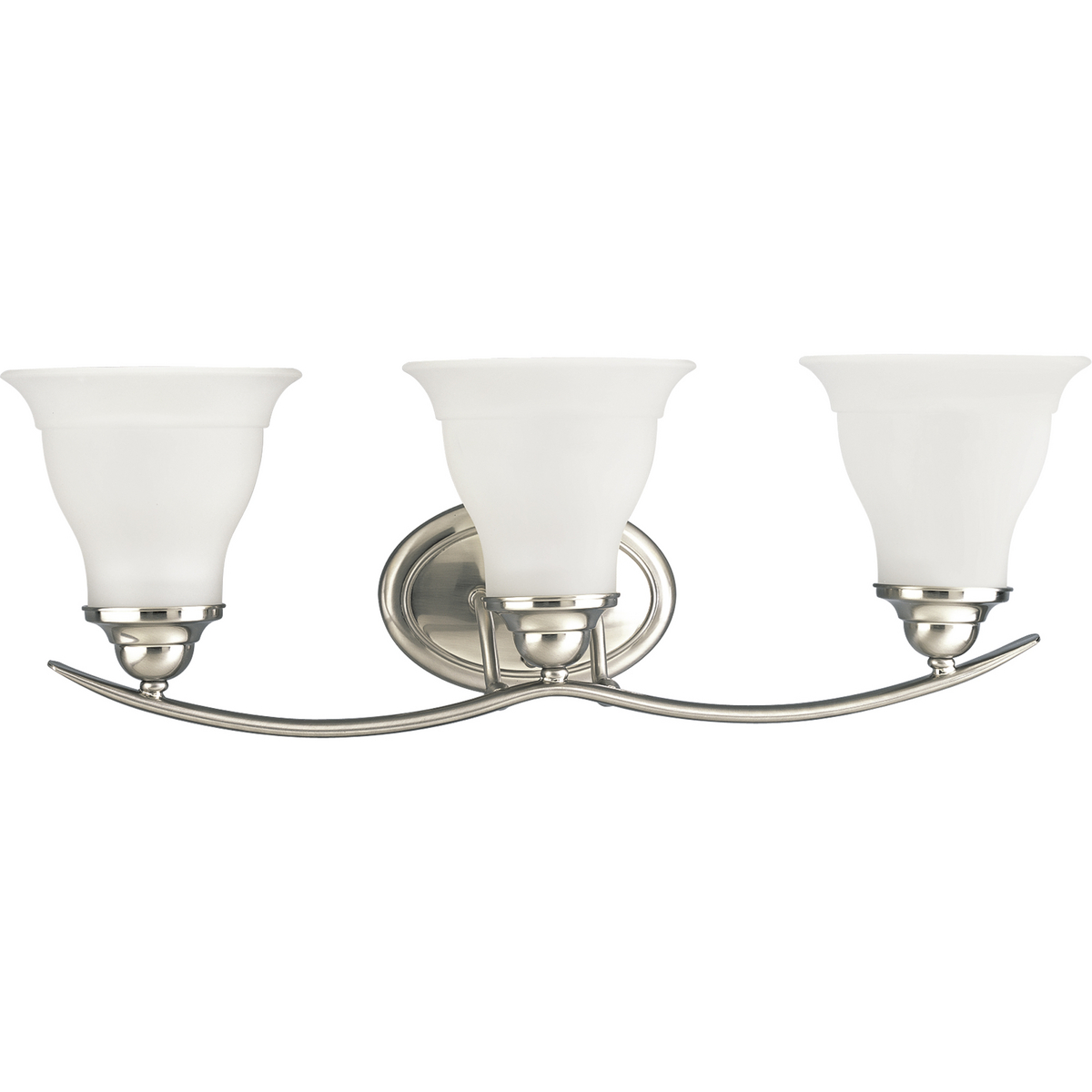 Three-light bath fixture featuring soft angles, curving lines and etched glass shades that mount up or down. Gracefully exotic, the Trinity Collection offers classic sophistication for transitional interiors. Sculptural forms of metal and glass are enhanced by a classic finish. This transitional style can transform a room or your whole home with its charming versatility. Brushed Nickel finish.