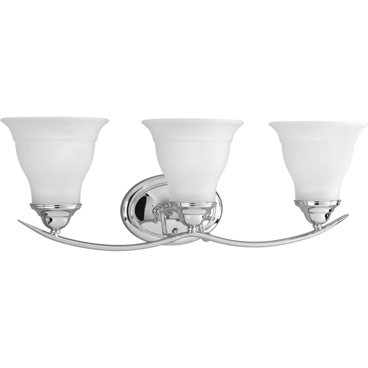 Three-light bath fixture featuring soft angles, curving lines and etched glass shades that mount up or down. Gracefully exotic, the Trinity Collection offers classic sophistication for transitional interiors. Sculptural forms of metal and glass are enhanced by a classic finish. This transitional style can transform a room or your whole home with its charming versatility. Polished Chrome finish.