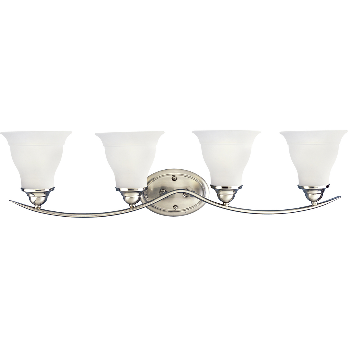 Four-light bath fixture featuring soft angles, curving lines and etched glass shades that mount up or down. Gracefully exotic, the Trinity Collection offers classic sophistication for transitional interiors. Sculptural forms of metal and glass are enhanced by a classic finish. This transitional style can transform a room or your whole home with its charming versatility. Brushed Nickel finish.
