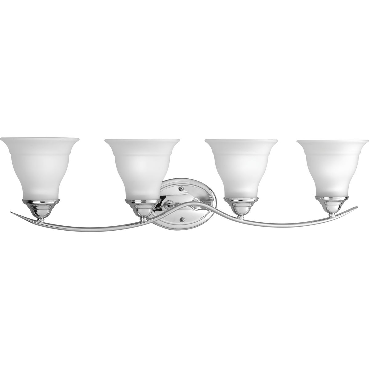 Four-light bath fixture featuring soft angles, curving lines and etched glass shades that mount up or down. Gracefully exotic, the Trinity Collection offers classic sophistication for transitional interiors. Sculptural forms of metal and glass are enhanced by a classic finish. This transitional style can transform a room or your whole home with its charming versatility. Polished Chrome finish.