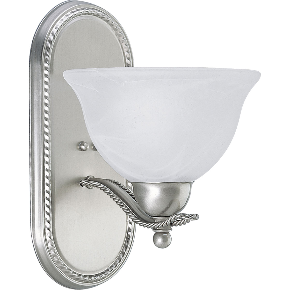 The Avalon collection is characterized by casual, flowing elements. A braided metal motif provides subtle decoration and distinguishing highlights. Overscaled glass adds the finishing touch to this transitional design. One-light bath bracket with swirled alabaster glass in Brushed Nickel finish.