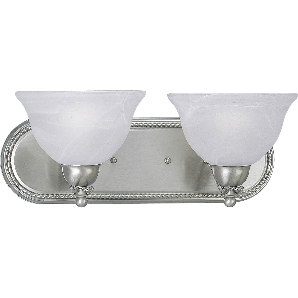 The Avalon collection is characterized by casual, flowing elements. A braided metal motif provides subtle decoration and distinguishing highlights. Overscaled glass adds the finishing touch to this transitional design. Two-light bath bracket with swirled alabaster glass in Brushed Nickel finish.