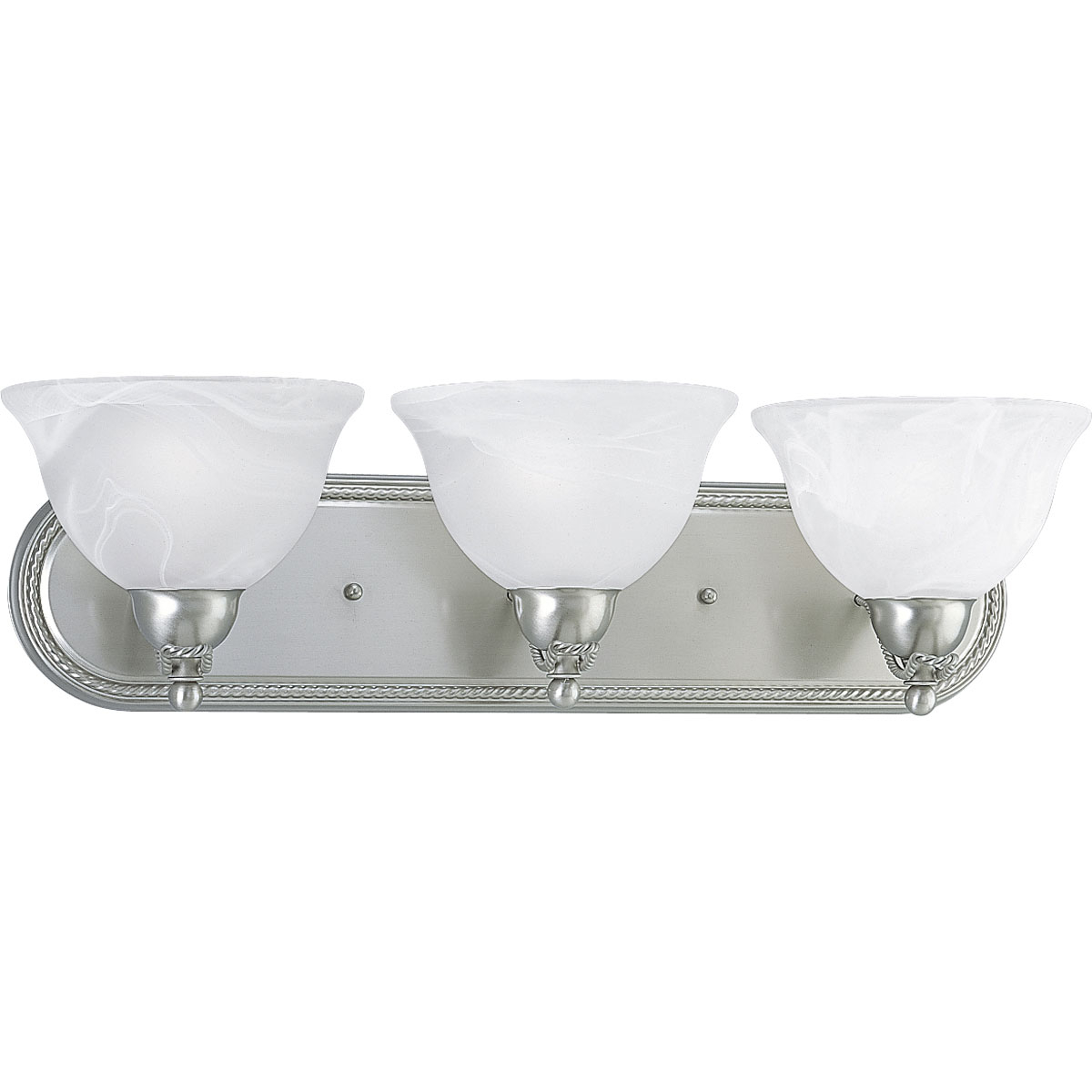 The Avalon collection is characterized by casual, flowing elements. A braided metal motif provides subtle decoration and distinguishing highlights. Overscaled glass adds the finishing touch to this transitional design. Three-light bath bracket with swirled alabaster glass in Brushed Nickel finish.