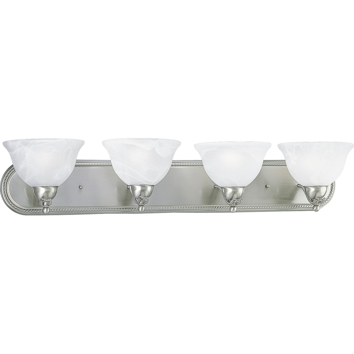 The Avalon collection is characterized by casual, flowing elements. A braided metal motif provides subtle decoration and distinguishing highlights. Overscaled glass adds the finishing touch to this transitional design. Four-light bath bracket with swirled alabaster glass in Brushed Nickel finish.