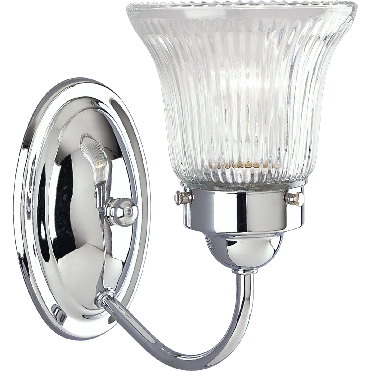 Fluted Glass 1-light bath fixture in a Chrome finish. Classic metallic fixture is paired with sparkling clear prismatic glass. Timeless in its vintage appeal, this light is stylish for both new and restored homes.