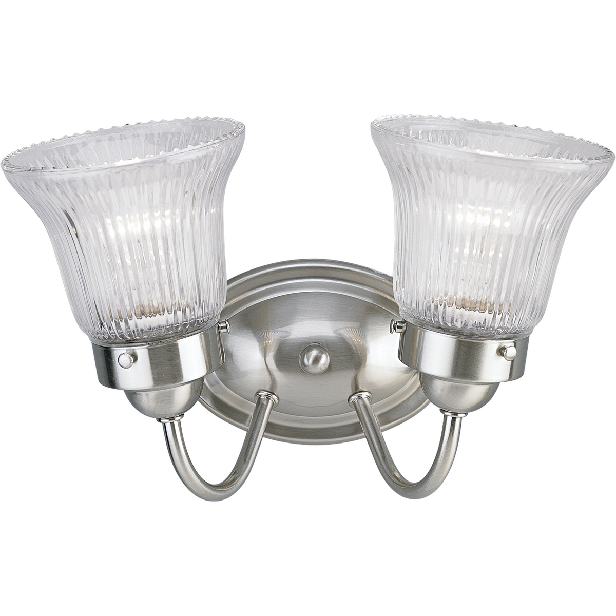 Fluted Glass 2-light bath fixture in a Brushed Nickel finish. Classic metallic fixture is paired with sparkling clear prismatic glass. Timeless in its vintage appeal, this light is stylish for both new and restored homes.